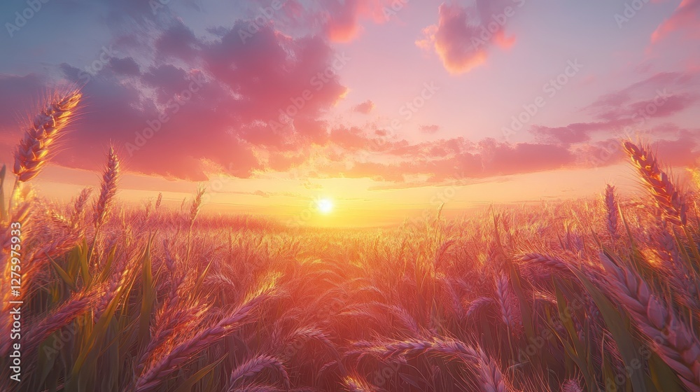 Fototapeta premium Golden wheat field at sunset, vibrant colors. Perfect for agriculture, harvest, and nature themes, evokes warmth and tranquility.