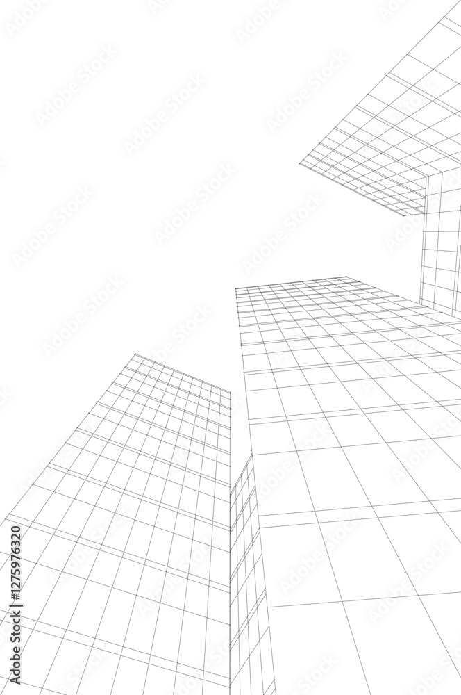 Fototapeta premium Modern Architectural Wireframe: Abstract Geometric Skyscrapers and Urban Perspective