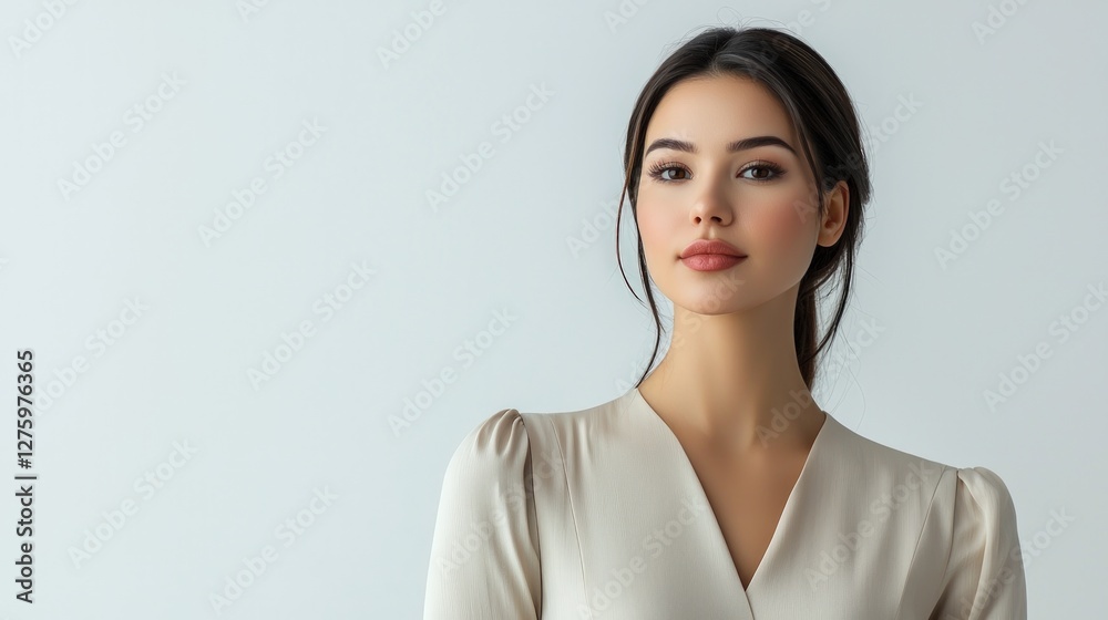 Elegant woman in a modern dress, minimalist white background Elegant woman in a modern dress, minimalist white background