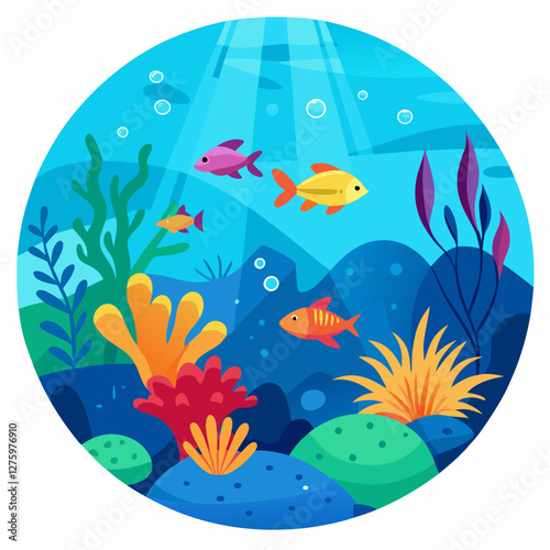 ocean's surface, a vibrant underwater scene unfolds with colorful fish swimming among diverse coral and plant life.