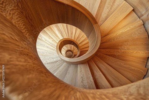 A wooden spiral staircase with a handrail
