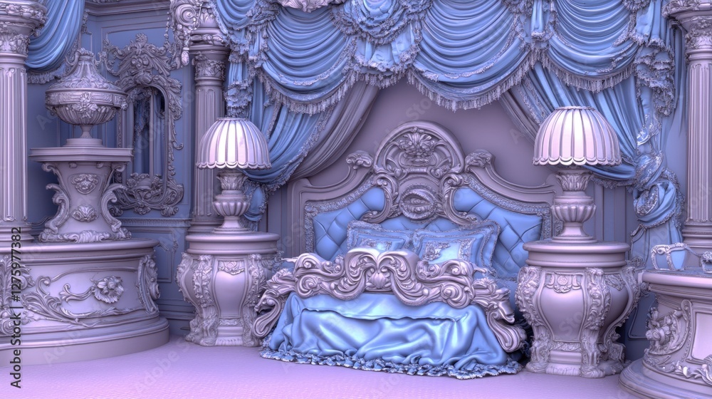 Fototapeta premium Elaborate Blue Bedroom Interior with Ornate Baroque Furniture and Detailed Sculpted Decor