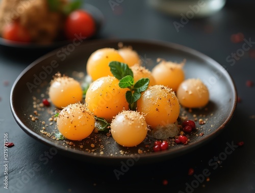 Molecular gastronomy dish featuring edible spheres bursting with flavor photo