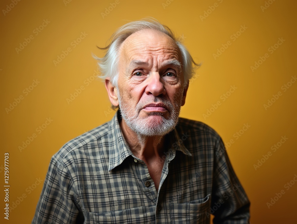 Senior man making disgusted face expression on yellow background Senior man making disgusted face expression on yellow background