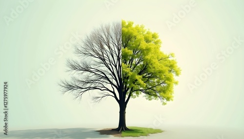 Half green and half bare tree symbolizing change