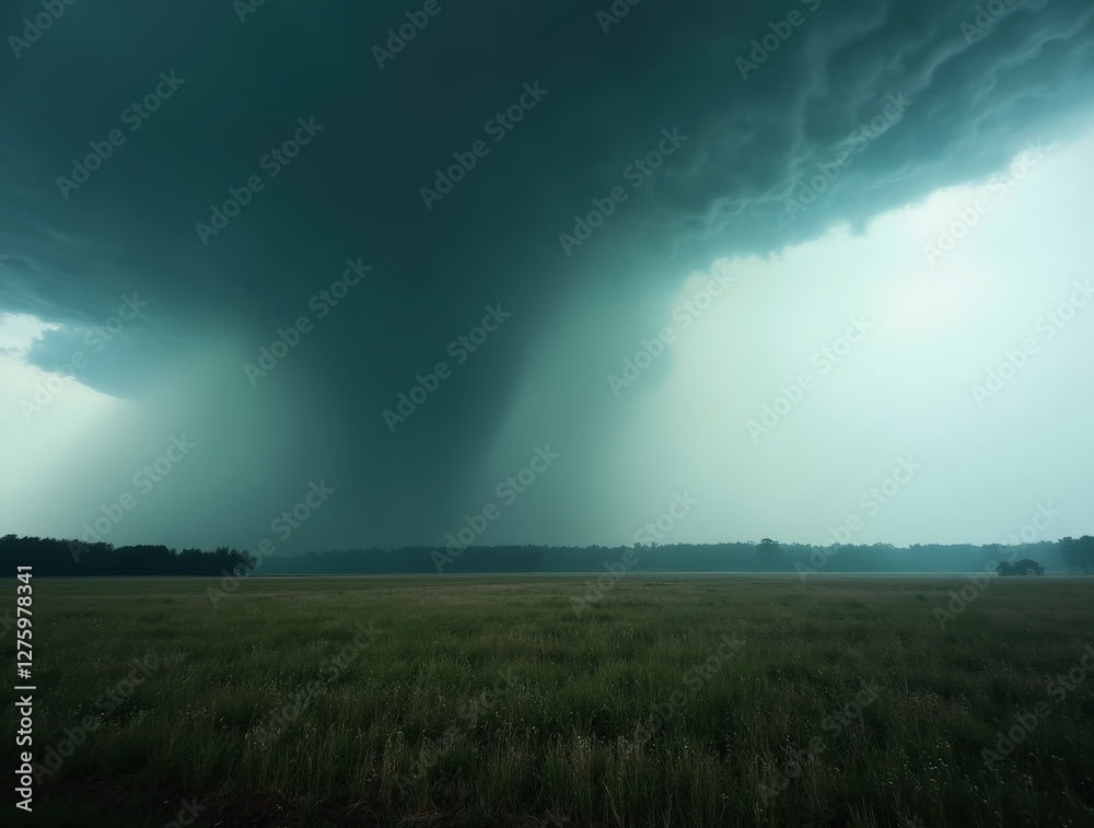 Powerful tornado twisting through stormy landscape over green meadow Powerful tornado twisting through stormy landscape over green meadow