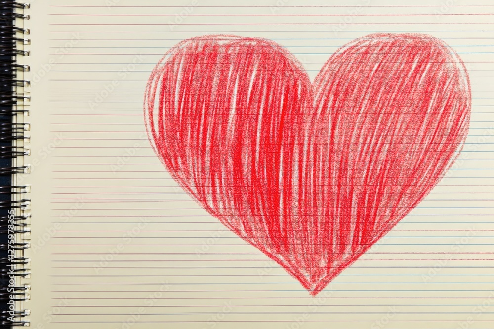 Red hand-drawn heart close up on white lined paper Red hand-drawn heart close up on white lined paper