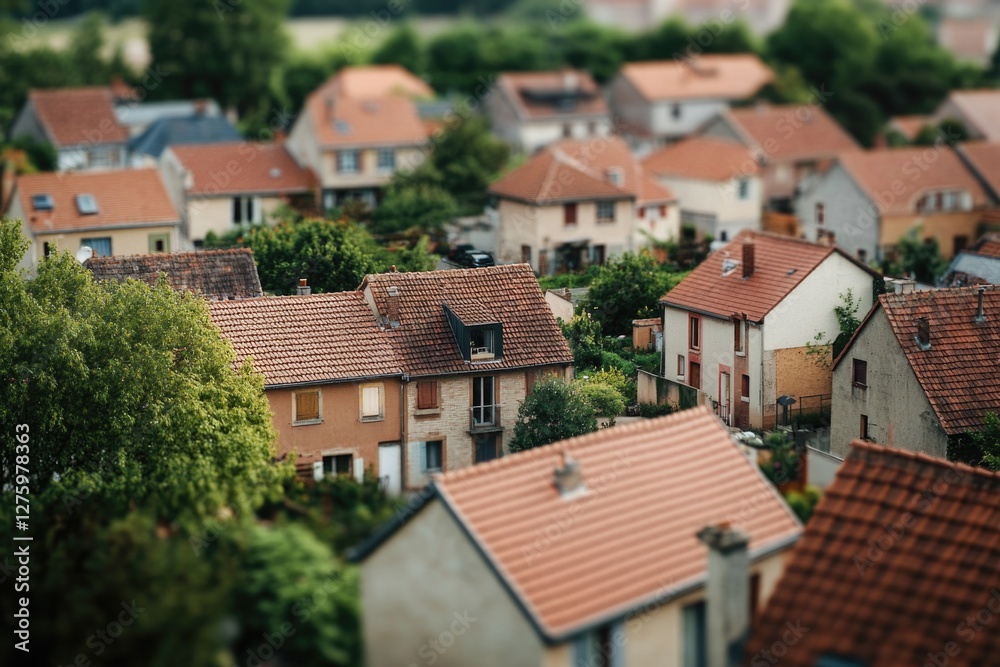 A peaceful scene of a small town with numerous houses and lush greenery A peaceful scene of a small town with numerous houses and lush greenery