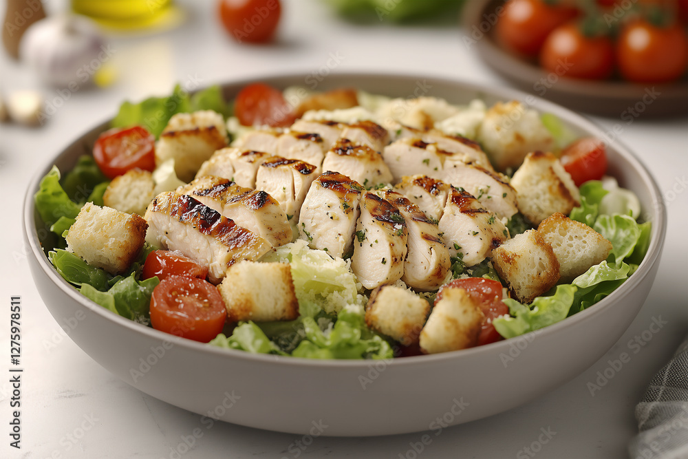 A generous serving of grilled chicken caesar salad features crisp romaine lettuce, juicy tomatoes, crunchy croutons, and a drizzle of olive oil. Perfect for a healthy meal anytime. A generous serving of grilled chicken caesar salad features crisp romaine lettuce, juicy tomatoes, crunchy croutons, and a drizzle of olive oil. Perfect for a healthy meal anytime.