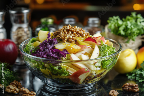 A vibrant bowl of salad features crisp lettuce, fresh apples, and crunchy nuts, drizzled with olive oil. This healthy dish is perfect for a light meal or appetizer at home.