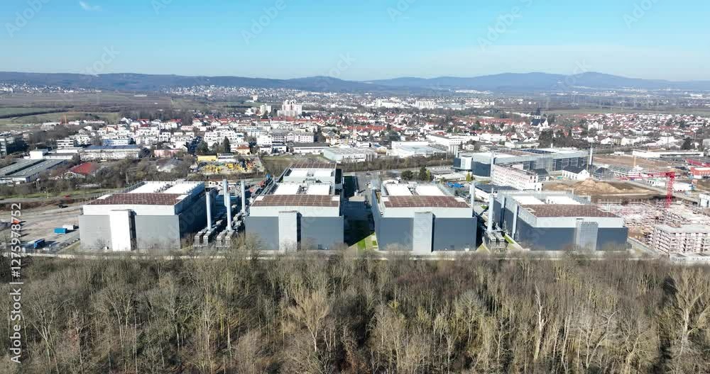 Data center space, Frankfurt 4 Data Center, housing IT and network systems, AI and cloud computing. Aerial views.