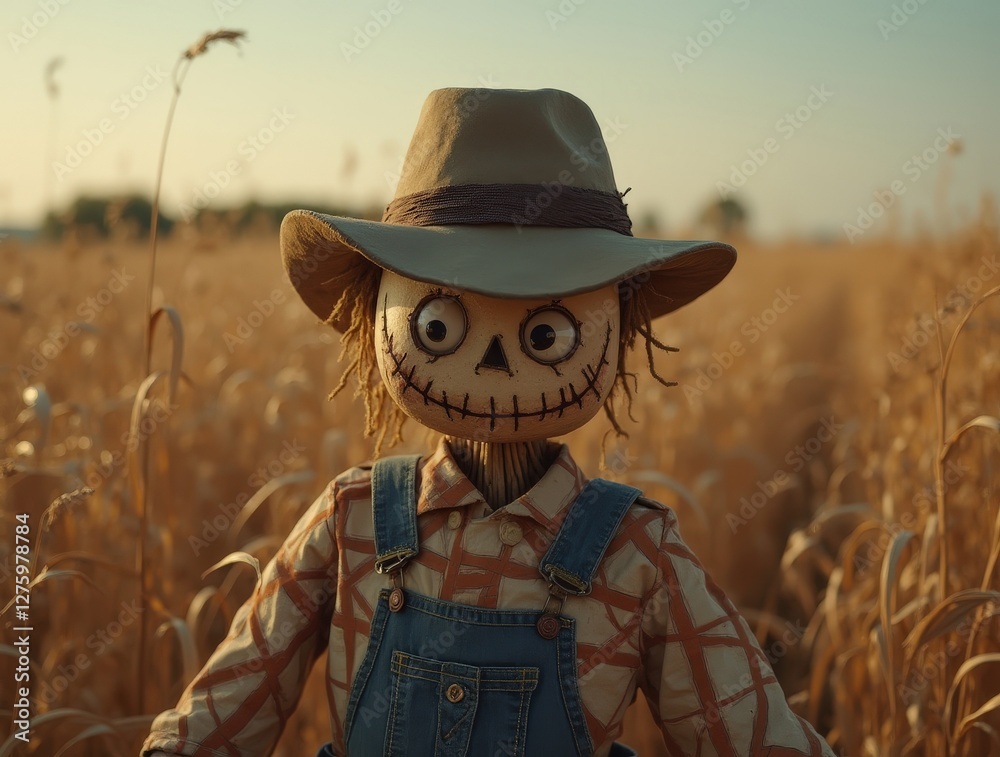 Obraz premium Scarecrow protecting wheat field at sunset: rural landscape