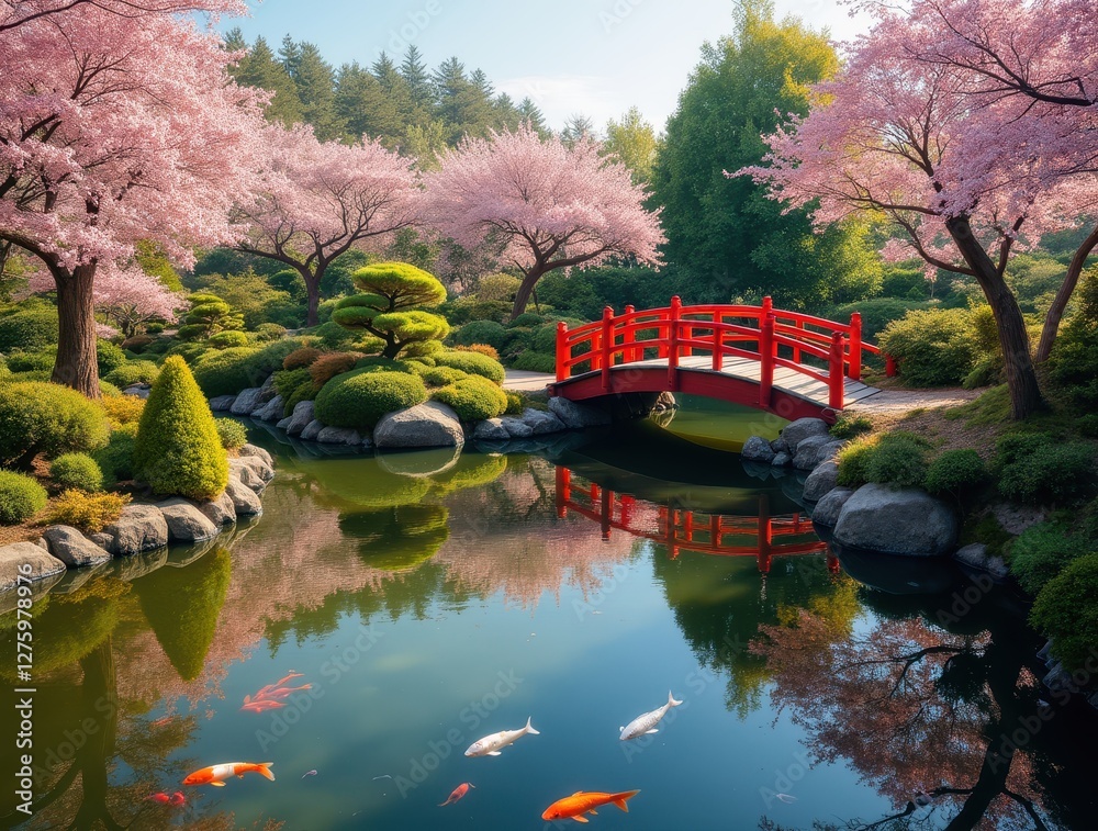 Japanese garden with koi carps swimming in pond under red bridge during cherry blossom Japanese garden with koi carps swimming in pond under red bridge during cherry blossom
