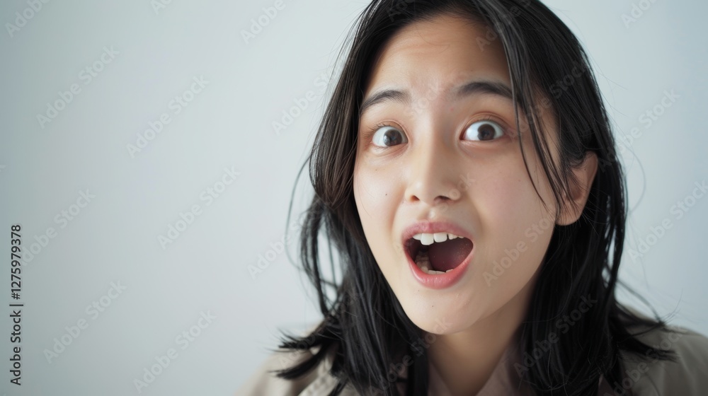 A surprised Asian woman captures a moment of surprise or shock. A surprised Asian woman captures a moment of surprise or shock.