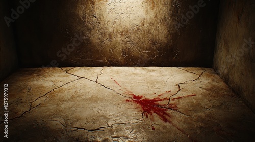 Grungy Dark Concrete Room with Bloodstain on Cracked Floor for Crime Scene Concepts