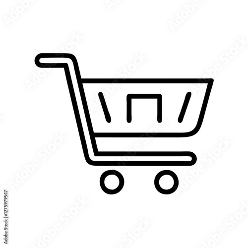 Shopping Cart Icon: Minimalist black line art of a shopping cart, evoking themes of retail, purchasing, and commerce. Simple design with bold outline.