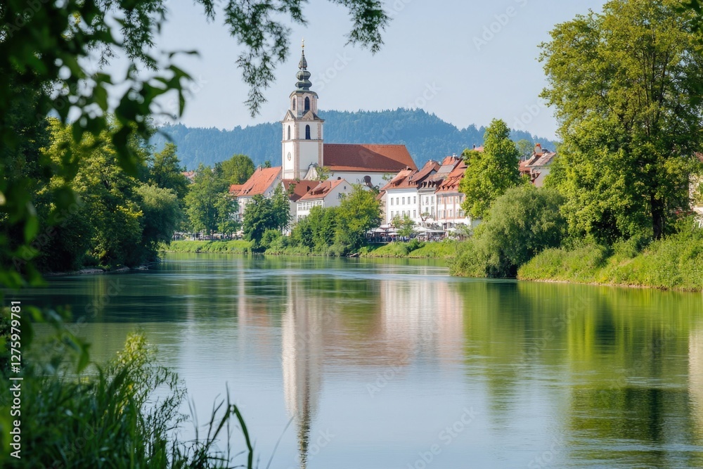 Fototapeta premium A serene view of a river with a historic church standing tall in the background