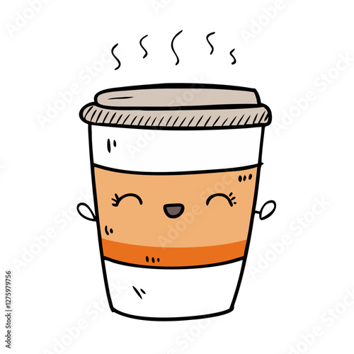 Animated Coffee Delight: A charming cartoon coffee cup with a happy expression and gentle steam, embodies warmth and morning cheer. Ideal for cafe promotions.