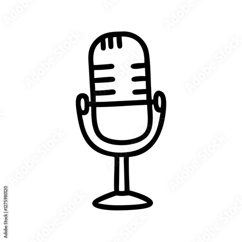 Retro Microphone Icon: A simple yet elegant line drawing of a classic, vintage-style microphone stands on a pedestal, perfect for podcasts, recording, or broadcasting.
