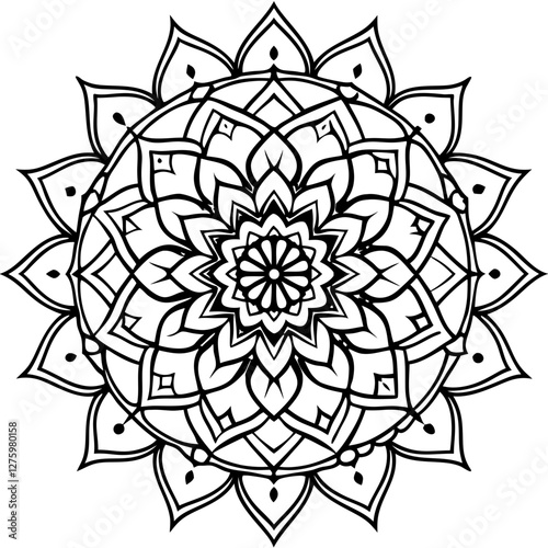 Elegant Mandala Design: A symmetrical mandala illustration, radiating intricate patterns and geometric shapes in black and white. evokes tranquility and aesthetic charm. 