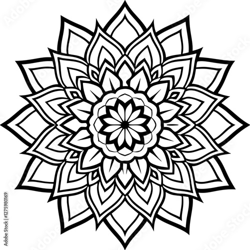 Floral Mandala: A beautiful floral mandala design, with intricate details in black and white, showcasing symmetry and artistic expression.