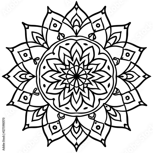 Geometric Mandala Art: A captivating black and white illustration of a mandala, featuring intricate symmetrical patterns, floral motifs.