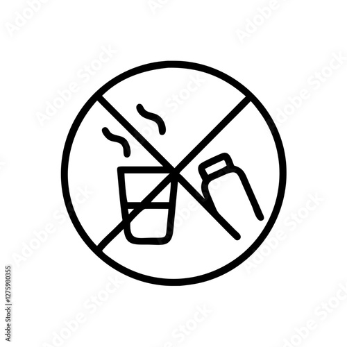 Prohibition of Drinks: A clear and concise icon, depicting a cup with steam and a bottle crossed out with a red line, effectively communicates the restriction against drinks in a specific area.