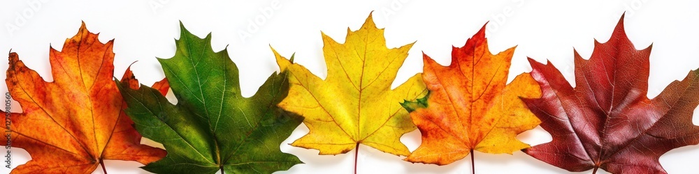 A row of colorful leaves arranged neatly on a white background A row of colorful leaves arranged neatly on a white background