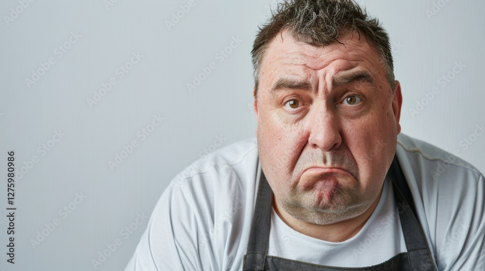 Fototapeta premium This image features a man wearing an apron, looking exasperated or confused.