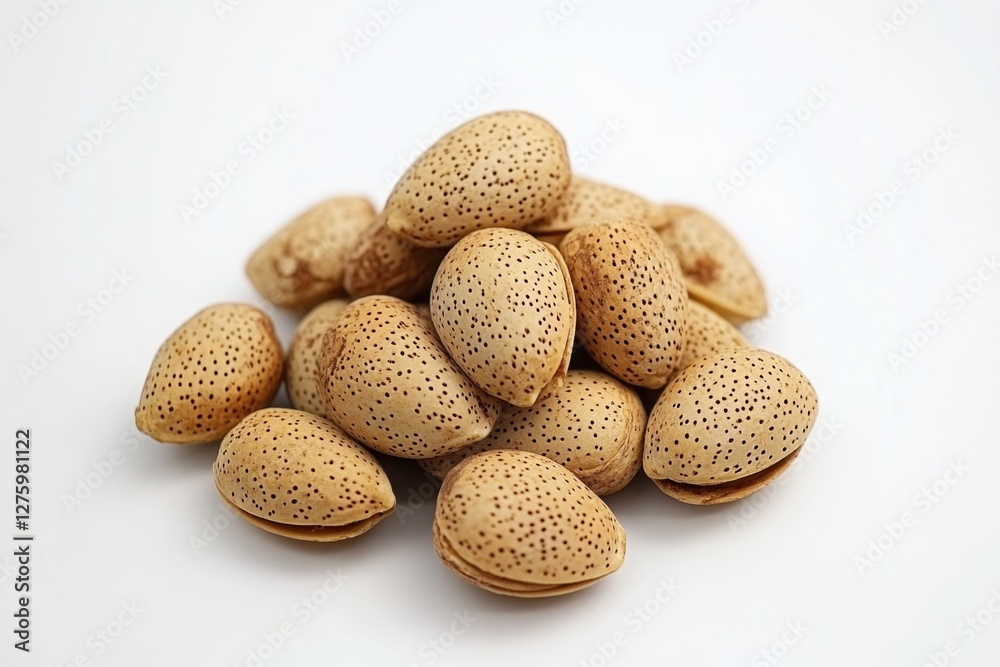 A close-up shot of a pile of almonds on a white background, perfect for food or still life photography A close-up shot of a pile of almonds on a white background, perfect for food or still life photography