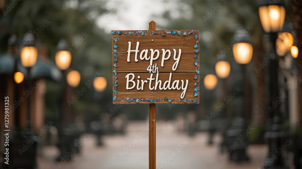 Obraz premium Happy 4th Birthday sign decorated with flowers and lights