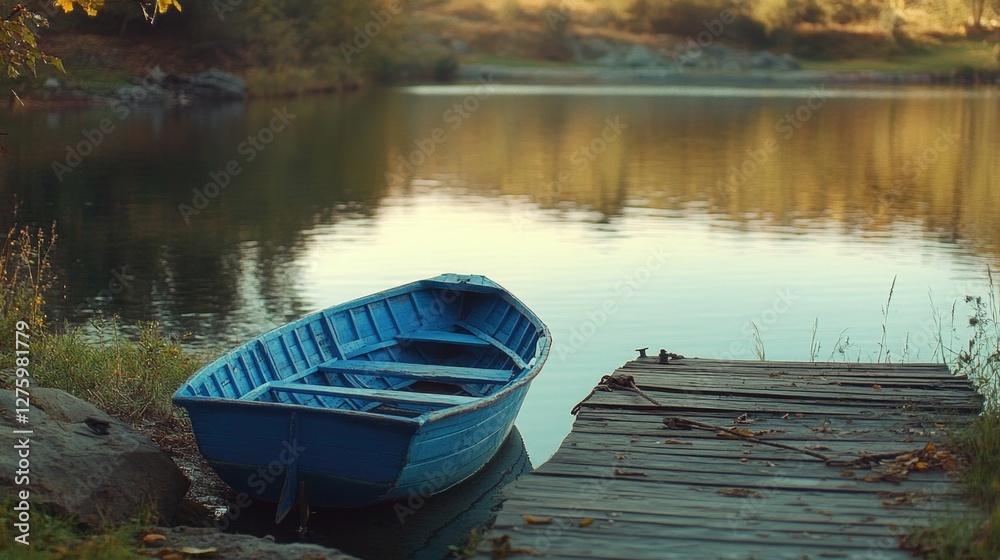 A small blue boat sits on the shore next to a dock, perfect for a peaceful day on the water A small blue boat sits on the shore next to a dock, perfect for a peaceful day on the water