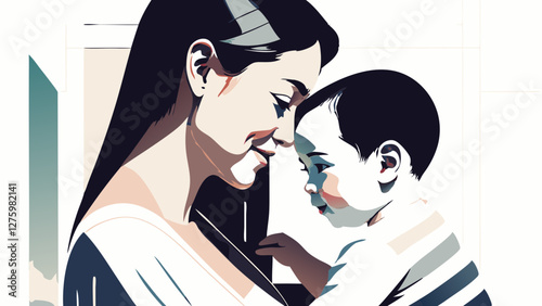 Mother and toddler share intimate moment in stylized illustration. Minimalist blue and grey tones capture tender embrace. Concept: family services, maternal health, childcare