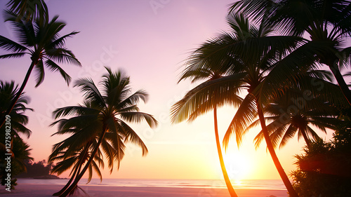 A tropical paradise at dawn: palm trees sway gently as the golden light touches the white sands. The sky blends soft purples and oranges, creating a dreamy, magical atmosphere.