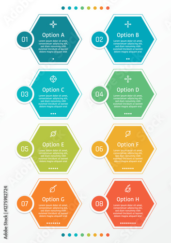 8 options business infographic template, theme of colorful hexagon frame with number on the circle frame at the middle left corner