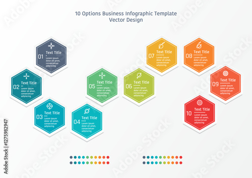 10 options business infographic template, theme of arranged colorful hexagon frame, also with number and symbols