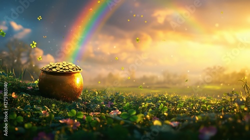 Postcard landscape with a vibrant rainbow arching over a golden pot of coins at the end of the rainbow. St. Patrick's Day celebration concept, 17th March, copy space photo