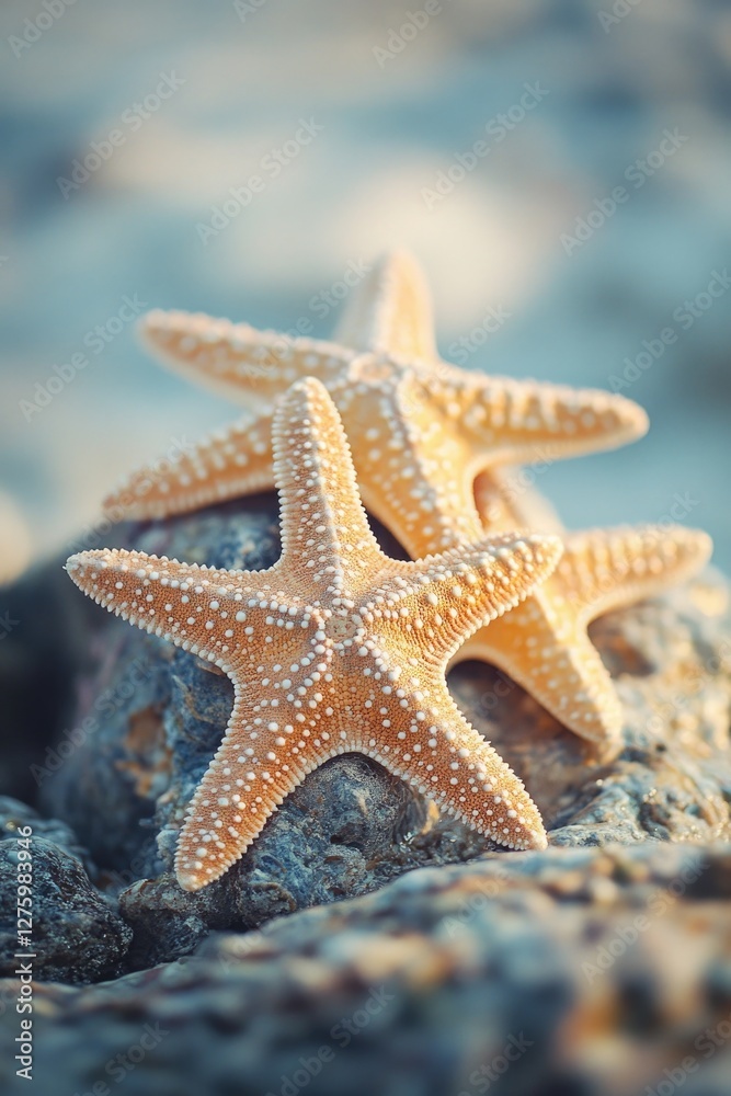 Two starfishes sit on top of a rocky surface, their arms curled around each other Two starfishes sit on top of a rocky surface, their arms curled around each other