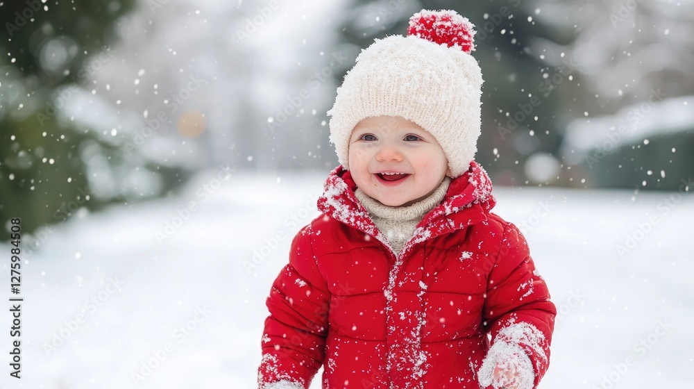 Happy baby playing in snowy park Happy baby playing in snowy park