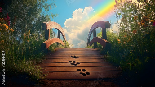 Rainbow bridge leading to the sky with paw prints along the path. picture