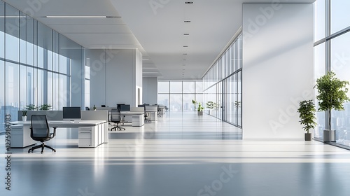 Fototapeta Naklejka Na Ścianę i Meble -  Modern office interior with desks and chairs in an open space setting, featuring a blank white wall on the right for copy space. 3D Rendering,

