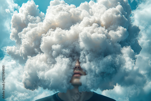Man Covered in Clouds, Surreal Portrait, Blue Background