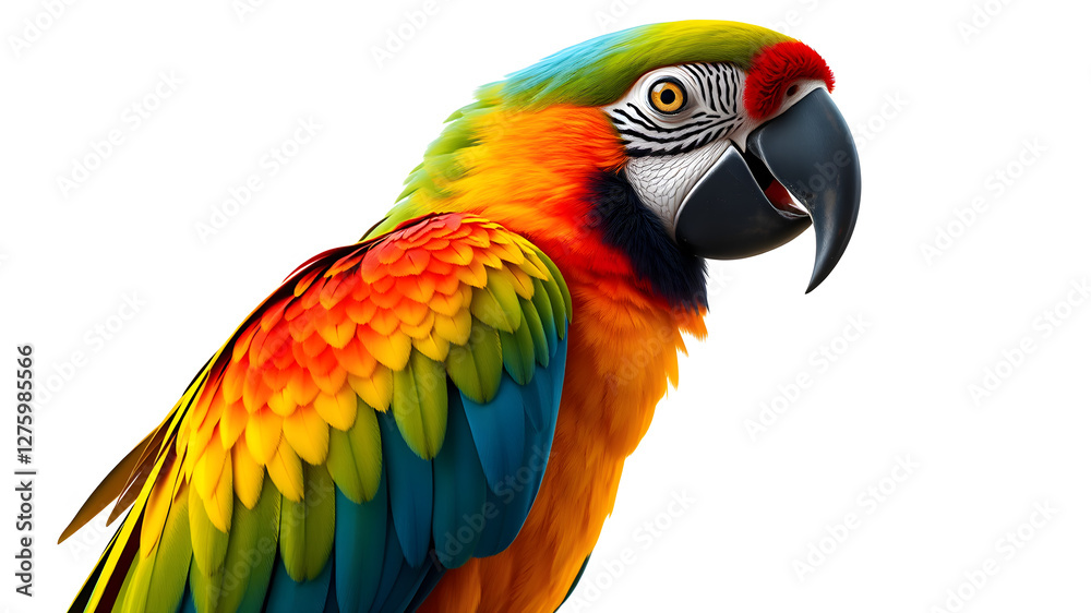 Fototapeta premium A tropical macaw parrot with vibrant, detailed feathers, perched gracefully. High-definition close-up, isolated on a white backdrop, capturing every intricate color transition.