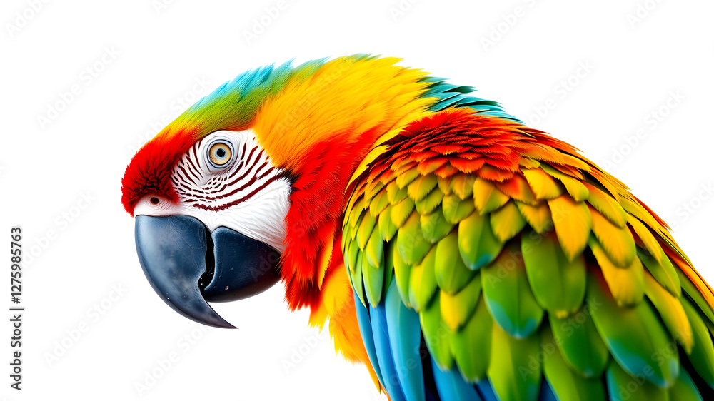 Obraz premium A tropical macaw parrot with vibrant, detailed feathers, perched gracefully. High-definition close-up, isolated on a white backdrop, capturing every intricate color transition.