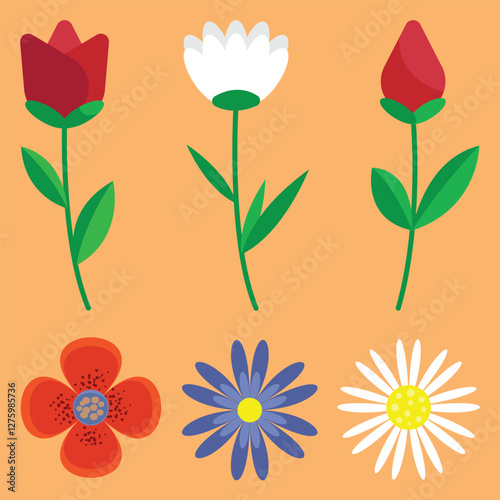Abstract flowers set for spring, Flat floral illustration collection with branches and leaves.