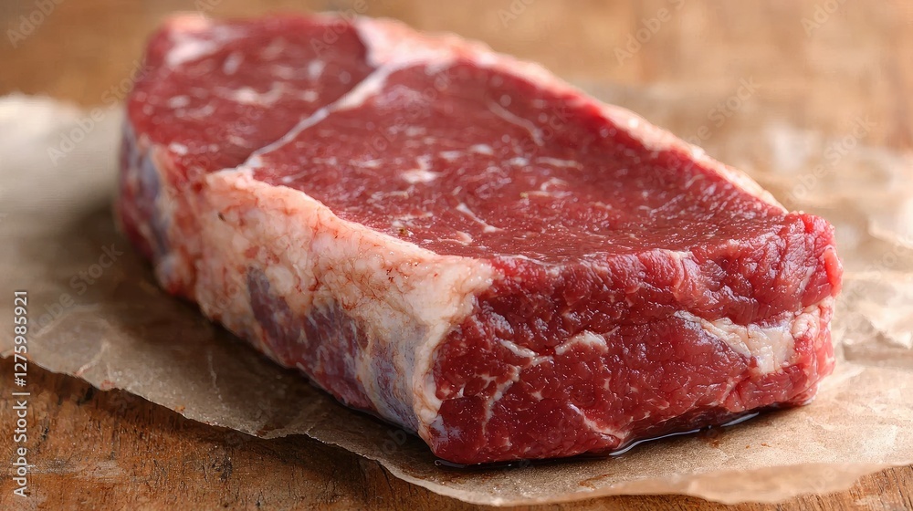 Raw steak on parchment paper, wooden surface. Possible use for showcasing fresh meat Raw steak on parchment paper, wooden surface. Possible use for showcasing fresh meat