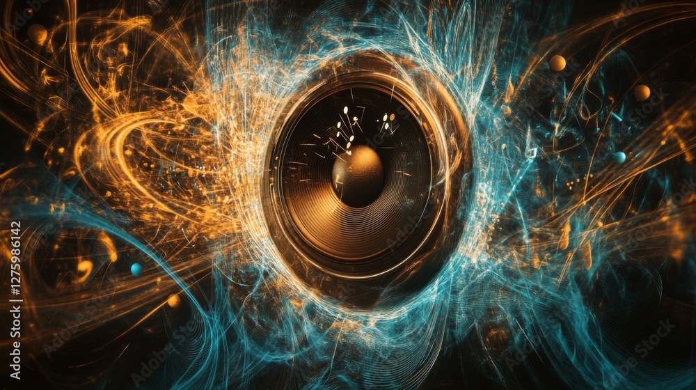 Naklejka premium An abstract image of a speaker with swirling sound waves and musical notes, visually illustrating the connection between technology and music creation