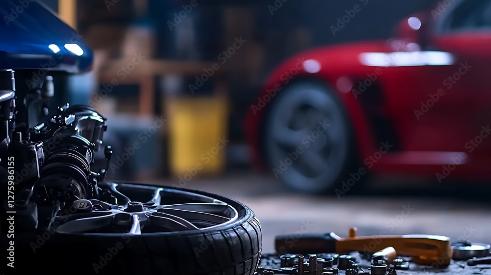 Fototapeta premium Close-up of a car tire and engine in a dimly lit garage with tools scattered around