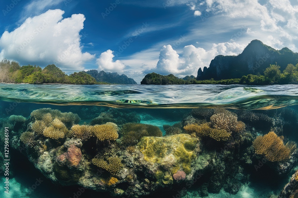 Naklejka premium Vibrant Coral Reef Under Sunlit Waters