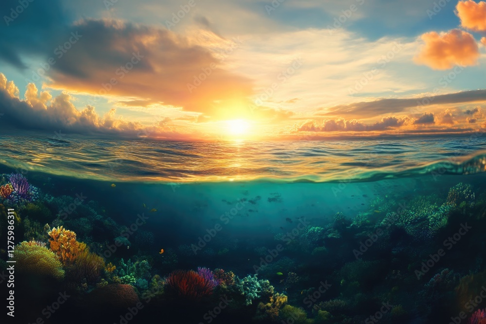 Sunlit underwater coral reef scene Sunlit underwater coral reef scene